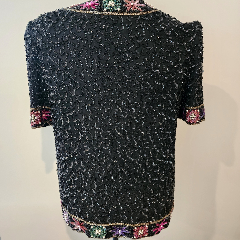 Vintage Laurence Kazar NY Embellished Sequin Beaded Black Jacket Top Large Silk - Picture 3 of 9
